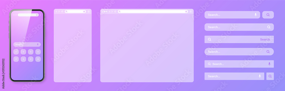 Smartphone, transparent internet browser window with various search bar templates. Web site engine with search box, address bar and text field. Website UI interface elements. Vector illustration Smartphone, transparent internet browser window with various search bar templates. Web site engine with search box, address bar and text field. Website UI interface elements. Vector illustration
