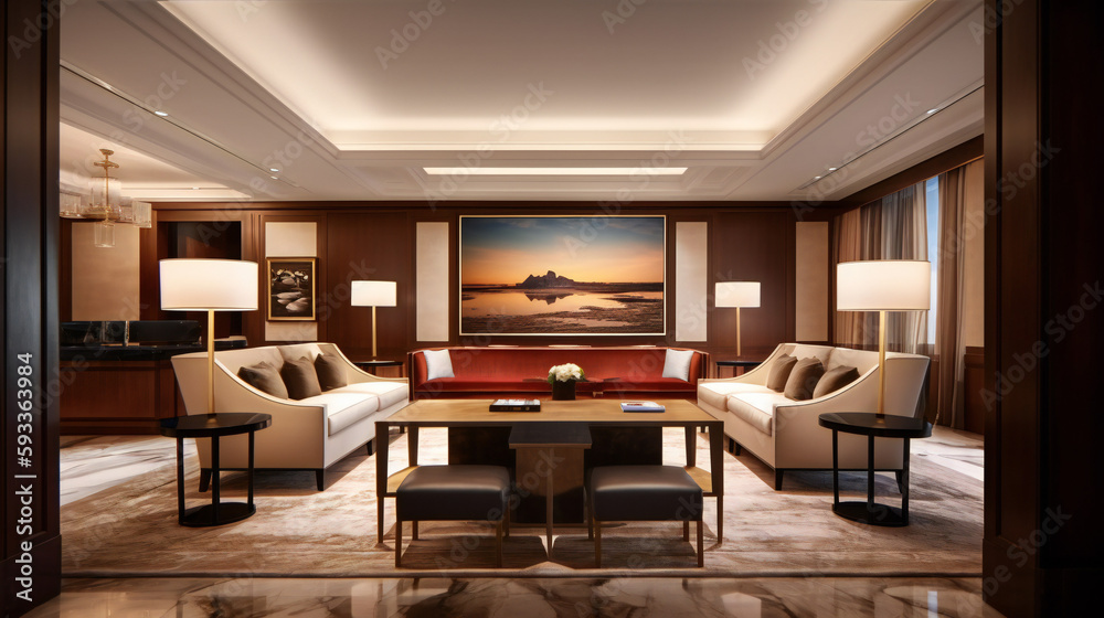 Luxurious Living Room Interior with Mockup Frame Poster, Modern interior design, 3D render, 3D illustration