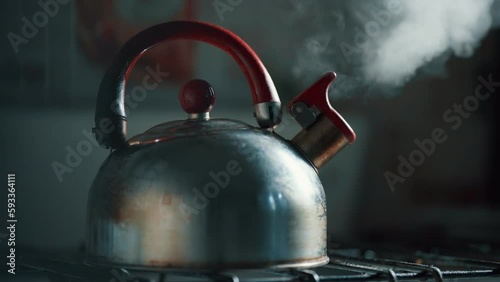 View of the steam from boiling water coming out of the spout of a metal kettle.