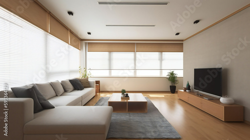 Minimalist Living Room Interior, Modern interior design, 3D render, 3D illustration © Roman P.