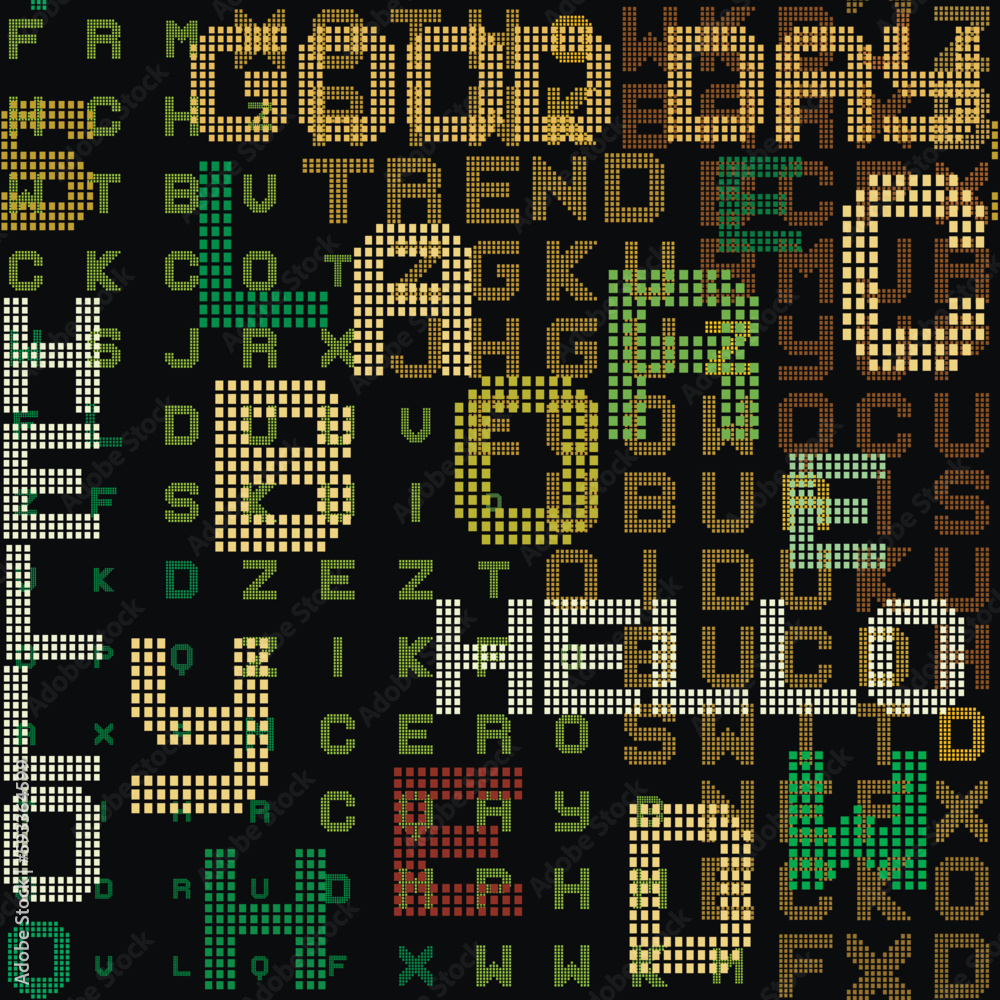 Halftone squares modern colorful seamless pattern with hello good day words, half tone letters. Trendy lettering background. Repeat matrix style digital backdrop. Trendy design. Endless texture Halftone squares modern colorful seamless pattern with hello good day words, half tone letters. Trendy lettering background. Repeat matrix style digital backdrop. Trendy design. Endless texture