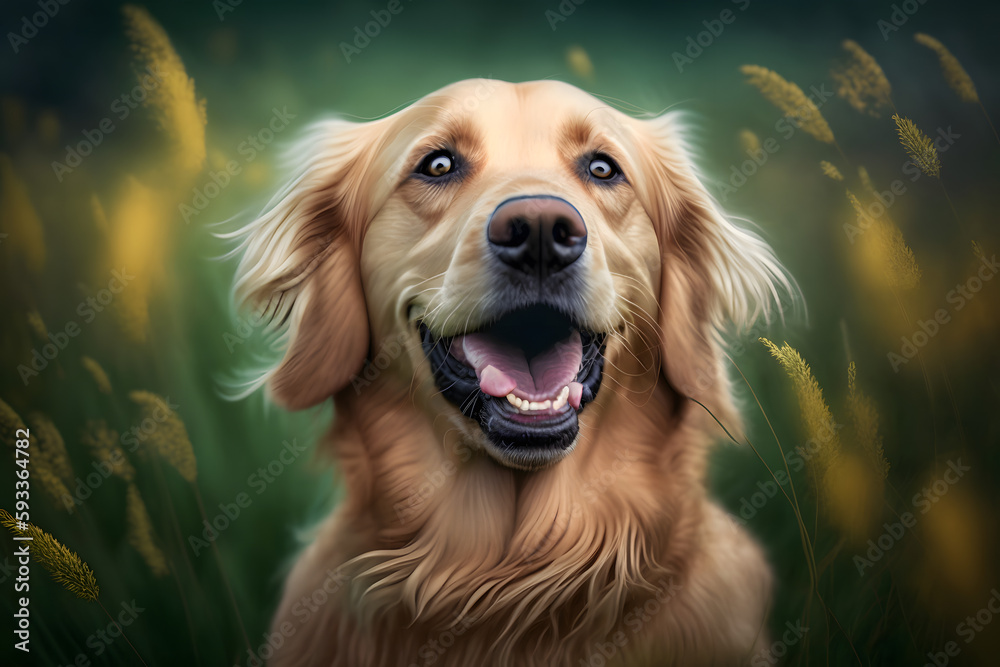 Happy Dog: Golden Retriever Smiling in a Field of Tall Grass