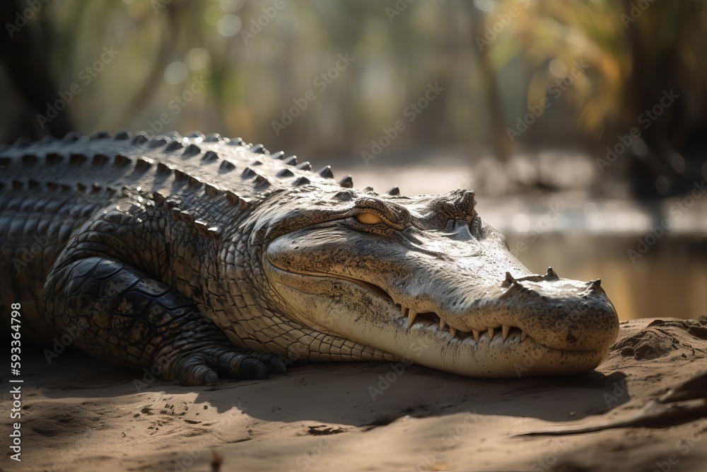Obraz premium Photograph a crocodile basking in the sun on the riverbank