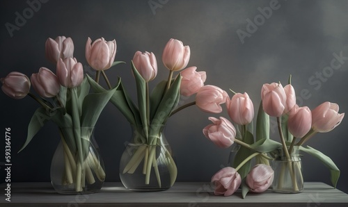  a group of pink tulips in vases on a table. generative ai
