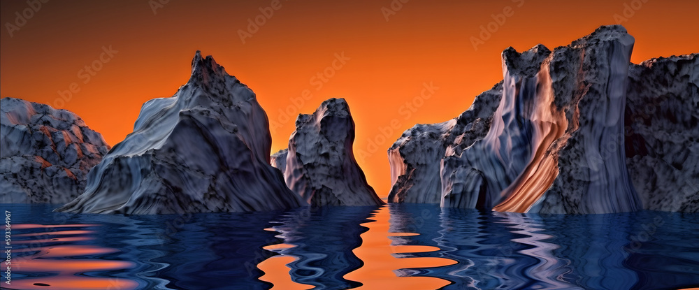 A group of icebergs floating in a body of water, Illustration landscape. 