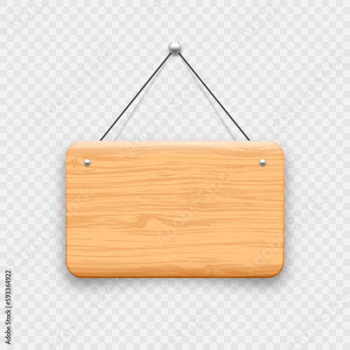 Fototapeta Naklejka Na Ścianę i Meble -  Wooden hanging signboard. Made of wood door sign for cafe, restaurant, bar or retail store. Announcement banner, information signage for business or service. Vector illustration