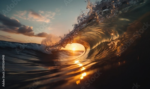  the sun is setting behind a wave in the ocean,.  generative ai © Anna