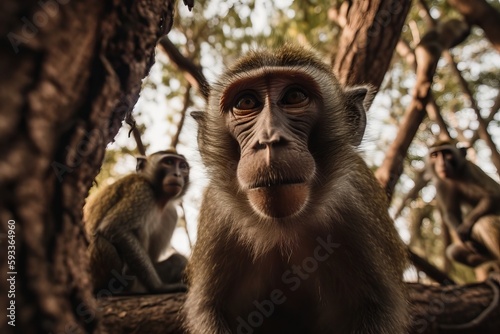 Document the playful antics of monkeys swinging through the trees