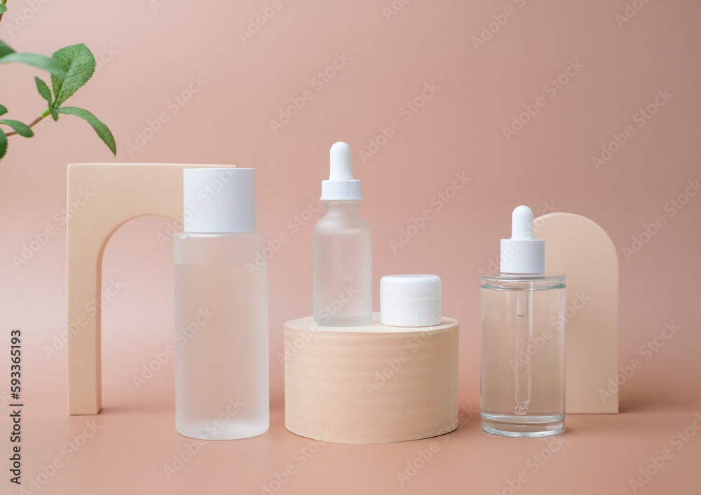 Skincare bottles mock up with display on minimal and modern background for beauty and cosmetic background. Skincare bottles mock up with display on minimal and modern background for beauty and cosmetic background.