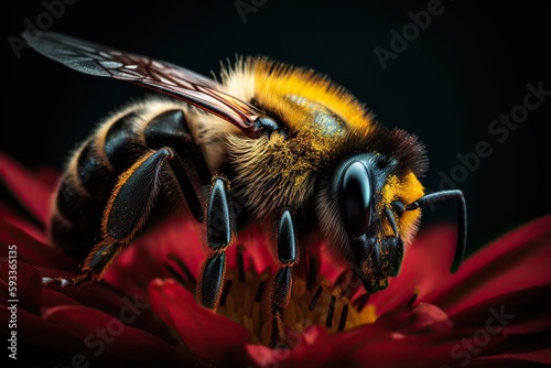 Bee on a Red Flower, Close Up, Macro