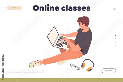 Online classes landing page design template with happy young male student using laptop for learning