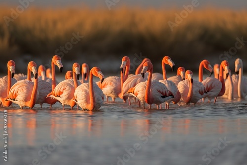 Capture the grace and elegance of a flock of flamingos wading in a lagoon