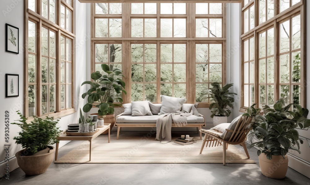  a living room filled with lots of windows and furniture next to plants.  generative ai