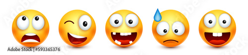 Cartoon emoji, emoticons collection. Yellow face with emotions, mood. Facial expression, realistic emoji. Sad, happy, angry faces. Funny character with smiling face. Vector illustration