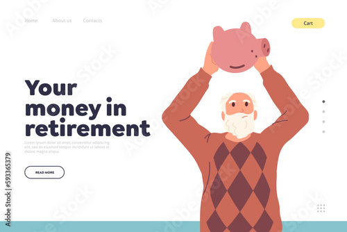 Sad senior man shaking empty piggy bank design for landing page with money in retirement concept