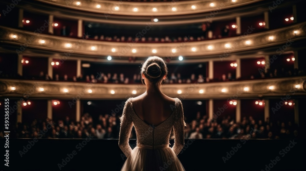 Opera singer looks at the audience during a performance. In a traditional costume, with a hairstyle. Generative AI Opera singer looks at the audience during a performance. In a traditional costume, with a hairstyle. Generative AI