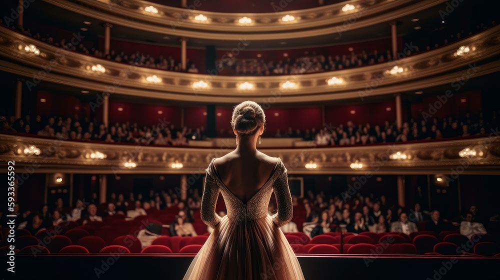 Opera singer looks at the audience during a performance. In a