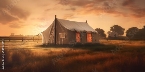 With a tent erected in a field and a gorgeous sunset as the backdrop  witness the breathtaking beauty of nature. The ideal natural wallpaper is this scenery.