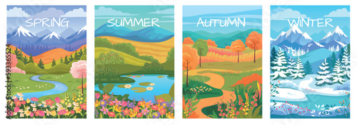Four seasons nature landscape colorful illustartion. Spring mountains, summer lake, autumn fields and winter view set