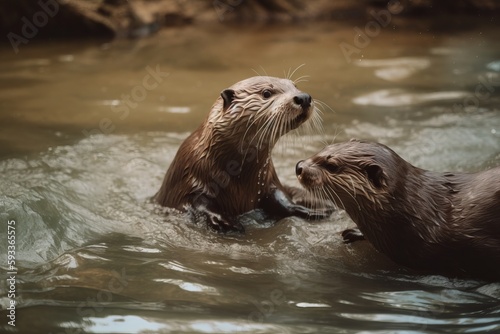 Film playful otters frolicking in a river