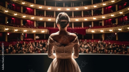 Opera singer looks at the audience during a performance. In a traditional costume, with a hairstyle. Generative AI