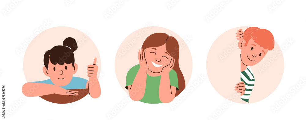 Set of round frame with cute diverse children laughing and smiling picking out composition Set of round frame with cute diverse children laughing and smiling picking out composition