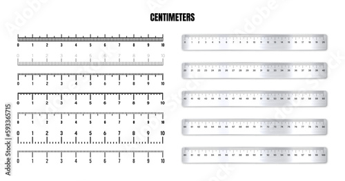 Wallpaper Mural Realistic metal rulers with black centimeter scale for measuring length or height. Various measurement scales with divisions. Ruler, tape measure marks, size indicators. Vector illustration Torontodigital.ca