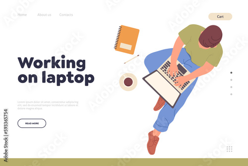 Working on laptop online landing page design template with young freelance worker enjoys remote job
