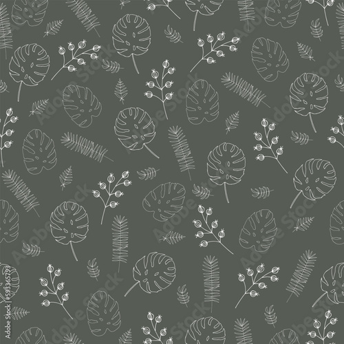 Palm leaves. Hand-drawn background of openwork leaves. Seamless pattern with white leaves.