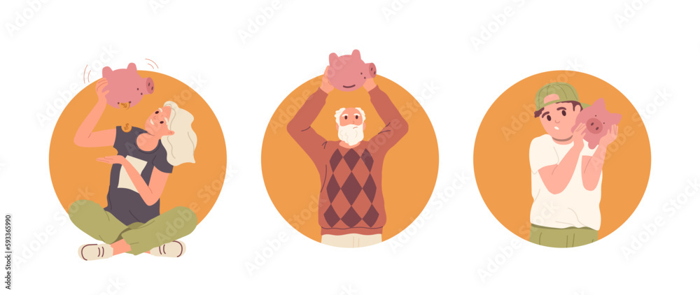 Obraz premium Set of isolated round icons with diverse people feeling happy or confused holding piggy bank