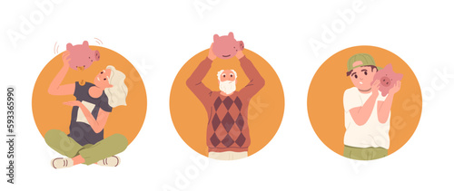 Set of isolated round icons with diverse people feeling happy or confused holding piggy bank