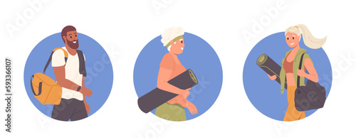 Composition of different happy healthy sportive people characters in round icon avatar set