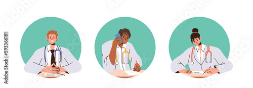 Set of isolated round icons with smiling doctor characters giving prescription for patient