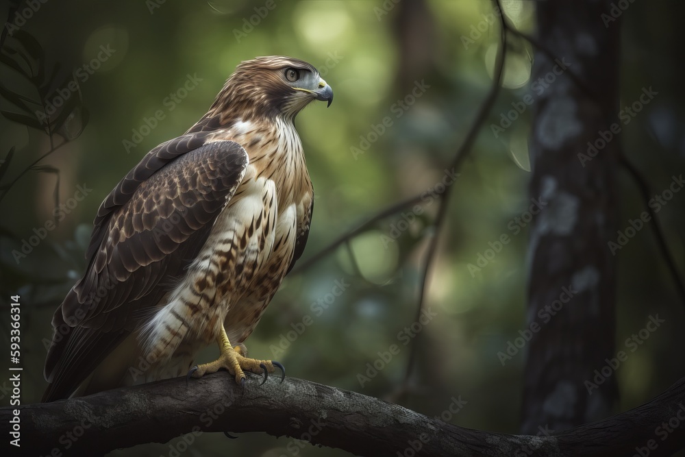 Photograph a majestic hawk perched atop a tree branch in the forest Photograph a majestic hawk perched atop a tree branch in the forest