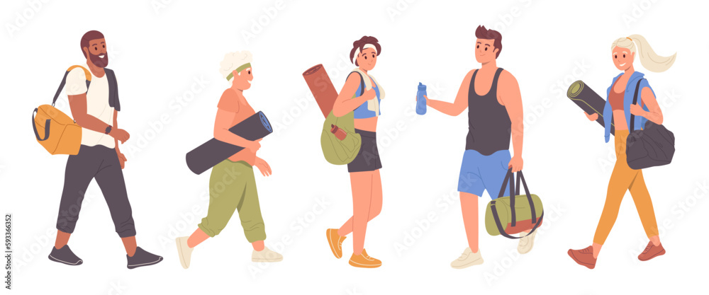 Set of male and female people characters going fitness to practice sport exercises workout Set of male and female people characters going fitness to practice sport exercises workout