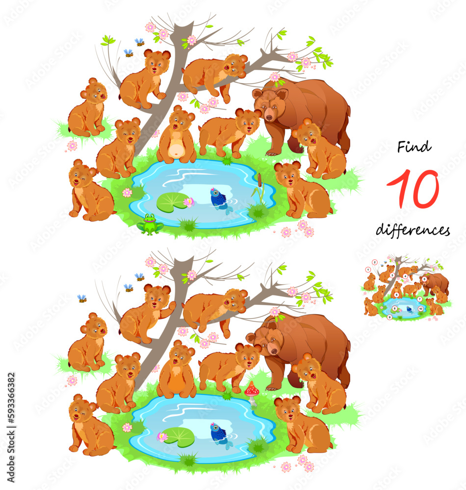 Find 10 differences. Illustration of cute bears family near forest lake