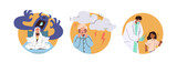 Set of round icons with afraid frightened children scared of thunderstorm, injection, nightmare