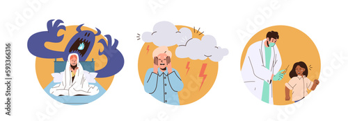 Set of round icons with afraid frightened children scared of thunderstorm, injection, nightmare