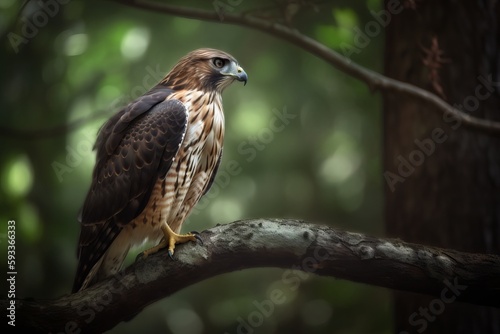 Photograph a majestic hawk perched atop a tree branch in the forest