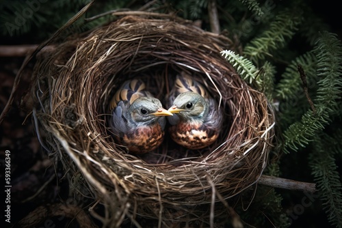 Capture the symmetry of a pair of birds in a nest with eggs © Sascha