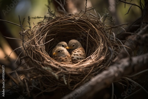 Capture the symmetry of a pair of birds in a nest with eggs