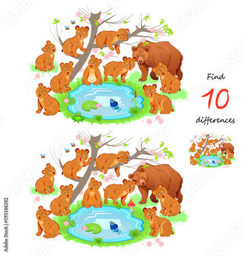 Find 10 differences. Illustration of cute bears family near forest lake. Logic puzzle game for children and adults. Page for kids brain teaser book. Developing counting skills. Vector drawing.