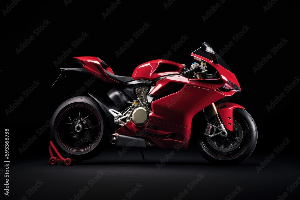 Red motorcycle on black background. Generative AI.