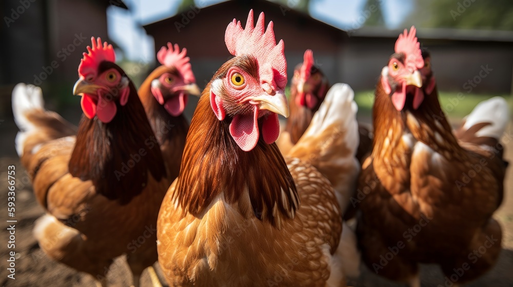 Chickens on the farm, close-up. Generative AI