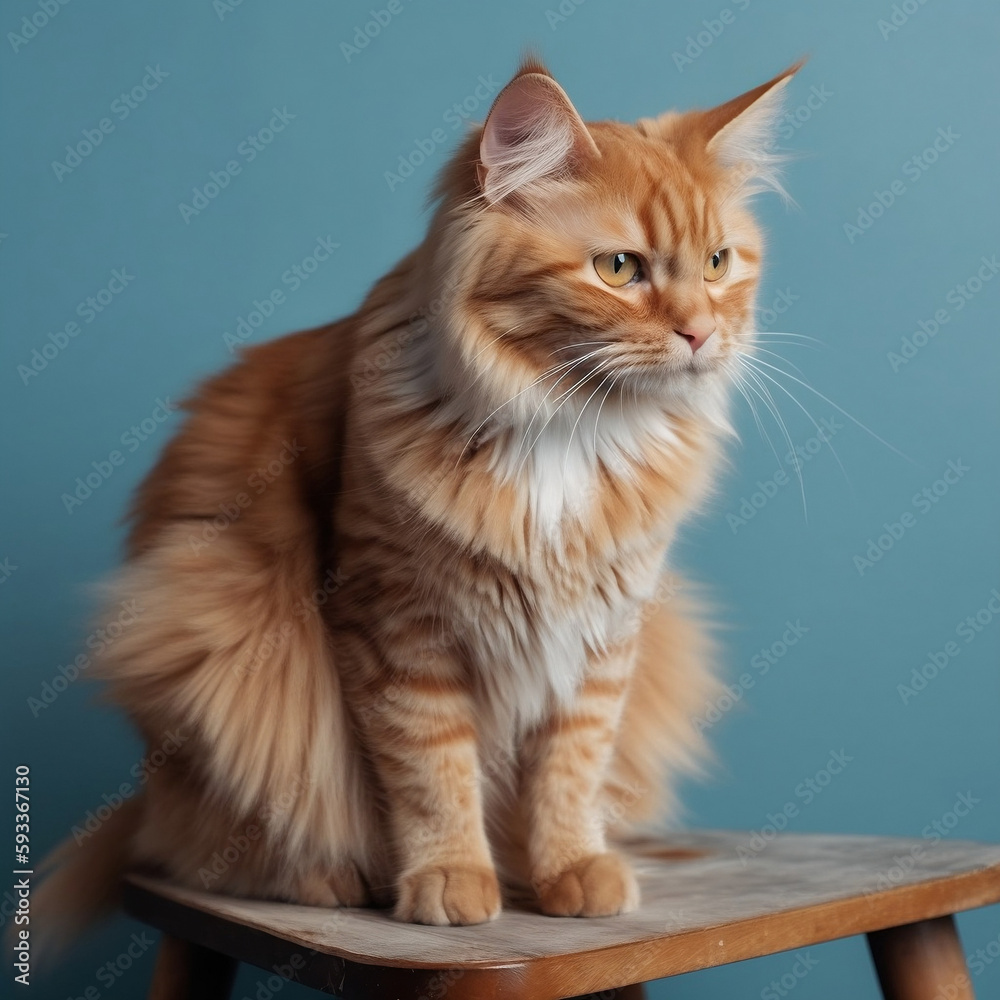 beautiful fluffy ginger cat posing on a wooden chair in studio lighting in front of pastel light blue background - Generative AI