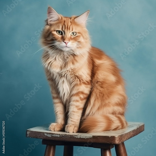 beautiful fluffy ginger cat posing alert on a wooden chair in studio lighting in front of pastel light blue background - Generative AI