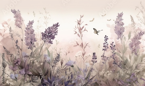  a painting of a bird flying over a field of flowers.  generative ai