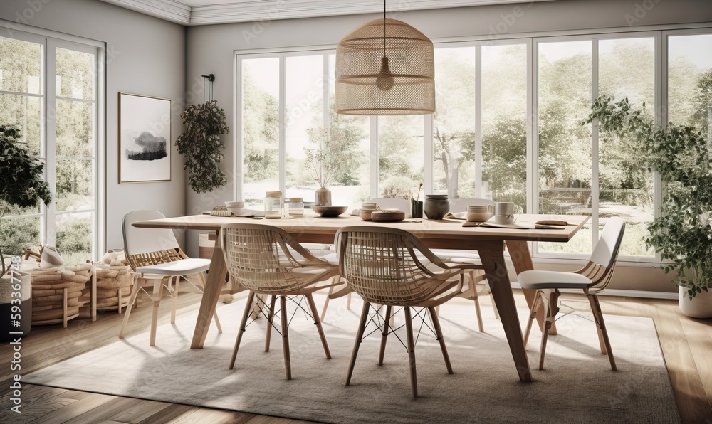  a dining room with a table and chairs and a large window.  generative ai