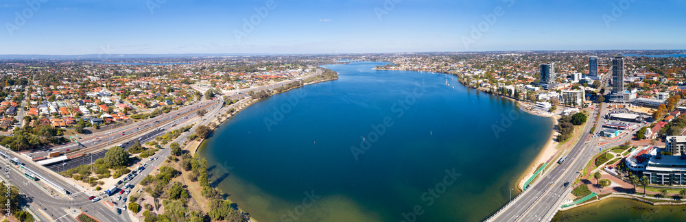 Panoramic views of the Bridge and the city district on the river estuary, Swan River and Canning River, aerial view, Perth, Western Australia, Australia, Ozeanien
