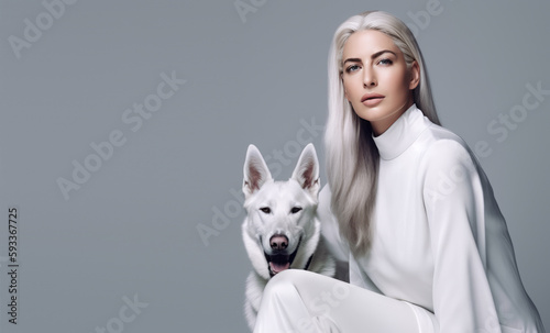 Stylish woman with her adorable white German Shepherd posing in studio. Generative ai